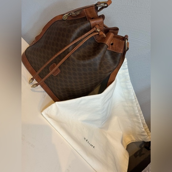 Celine Macadam Vintage Blason Brown Leather Drawstring Bucket Shoulder Bag - Picture 2 of 14